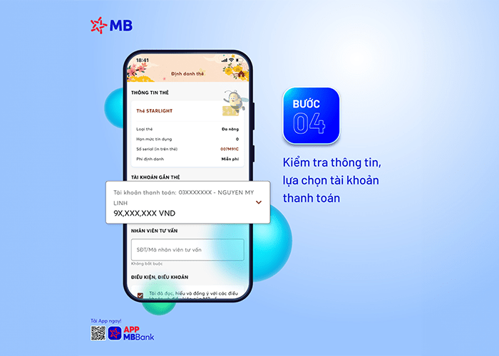 Kiểm tra các thông tin cá nhân và chọn tài khoản thanh toán